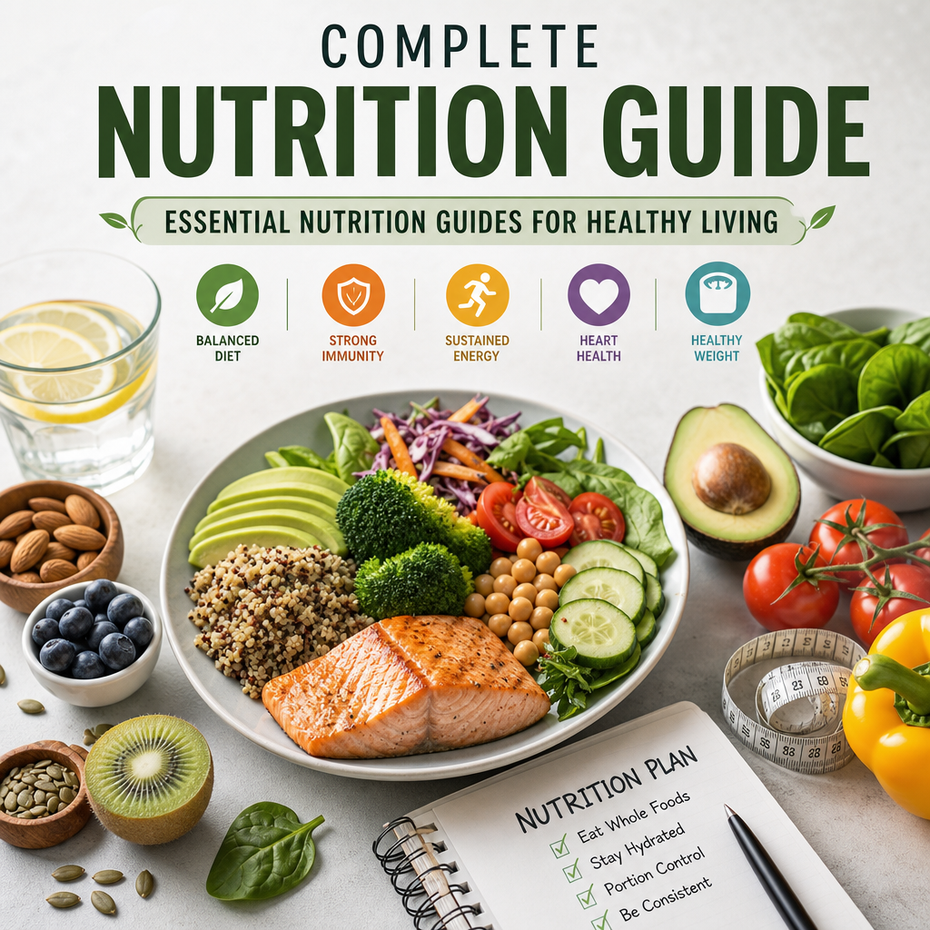 Infographic showing a complete nutrition guide with tips for balanced diet, immunity, energy, heart health, and healthy weigh