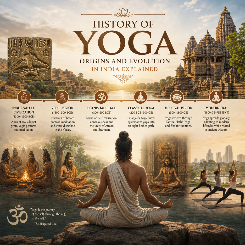 Illustration showing the history and evolution of yoga in India with a timeline and key ancient periods.