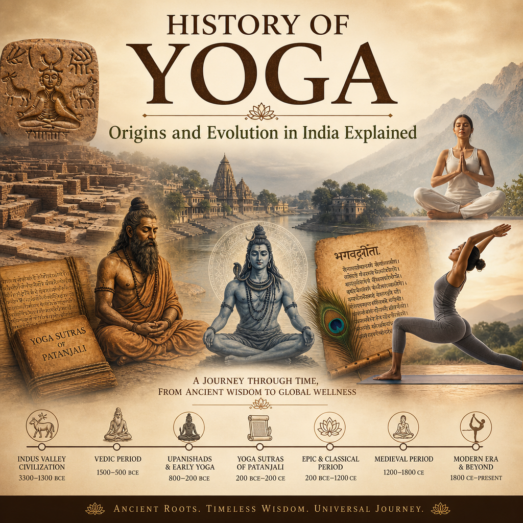 Illustration showing the evolution of yoga in India from ancient spiritual practices to modern holistic methods.
