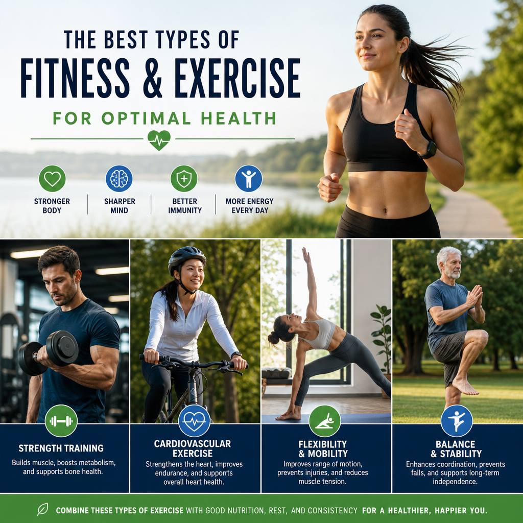 Varied fitness activities including strength training, cardio, stretching, and balance exercises promote optimal health.