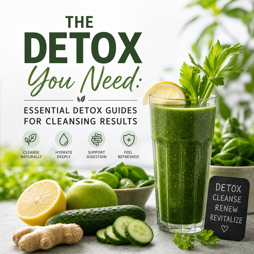 Green detox smoothie in a glass surrounded by fresh ingredients, illustrating an essential guide for natural cleansing and he