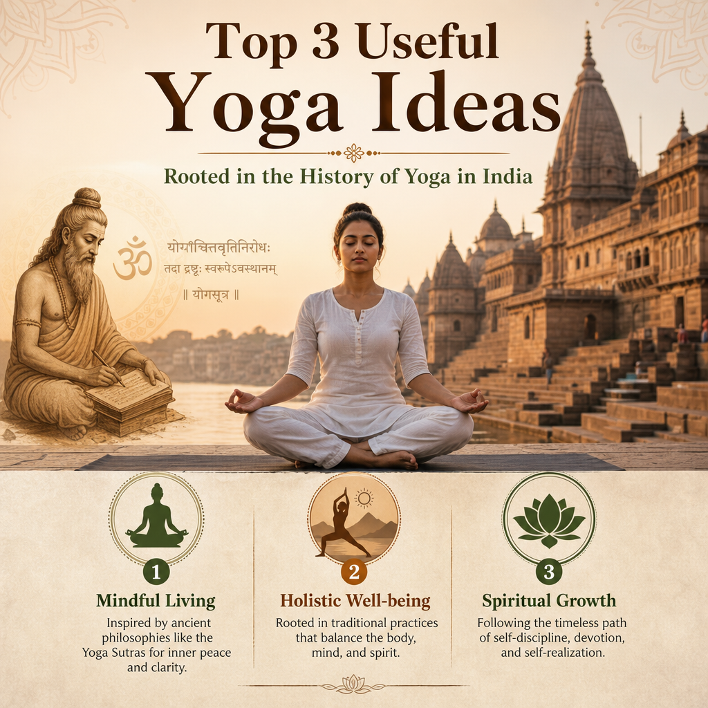 Illustration showing three key yoga concepts with Indian spiritual symbols representing mind, body, and spirit connection in