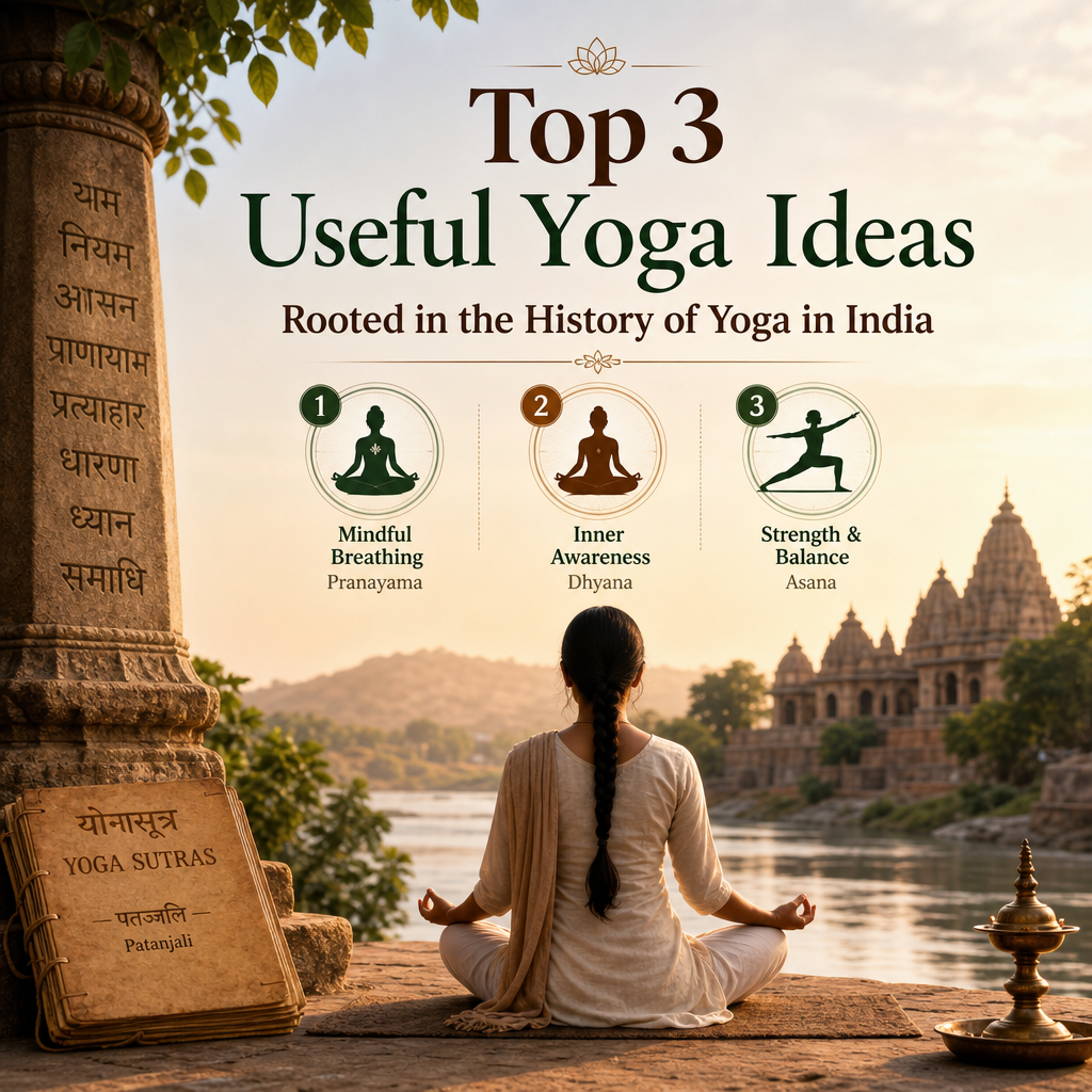 Illustration showing three yoga concepts: mindful breathing, inner awareness, and strength & balance, inspired by ancient Ind