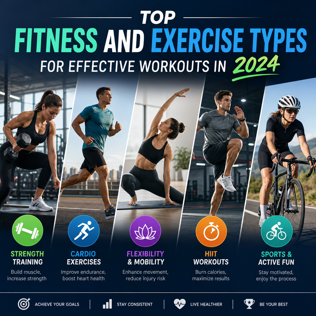 Illustration showing key fitness types: strength training, cardio, flexibility, HIIT, and sports for 2024 workouts.