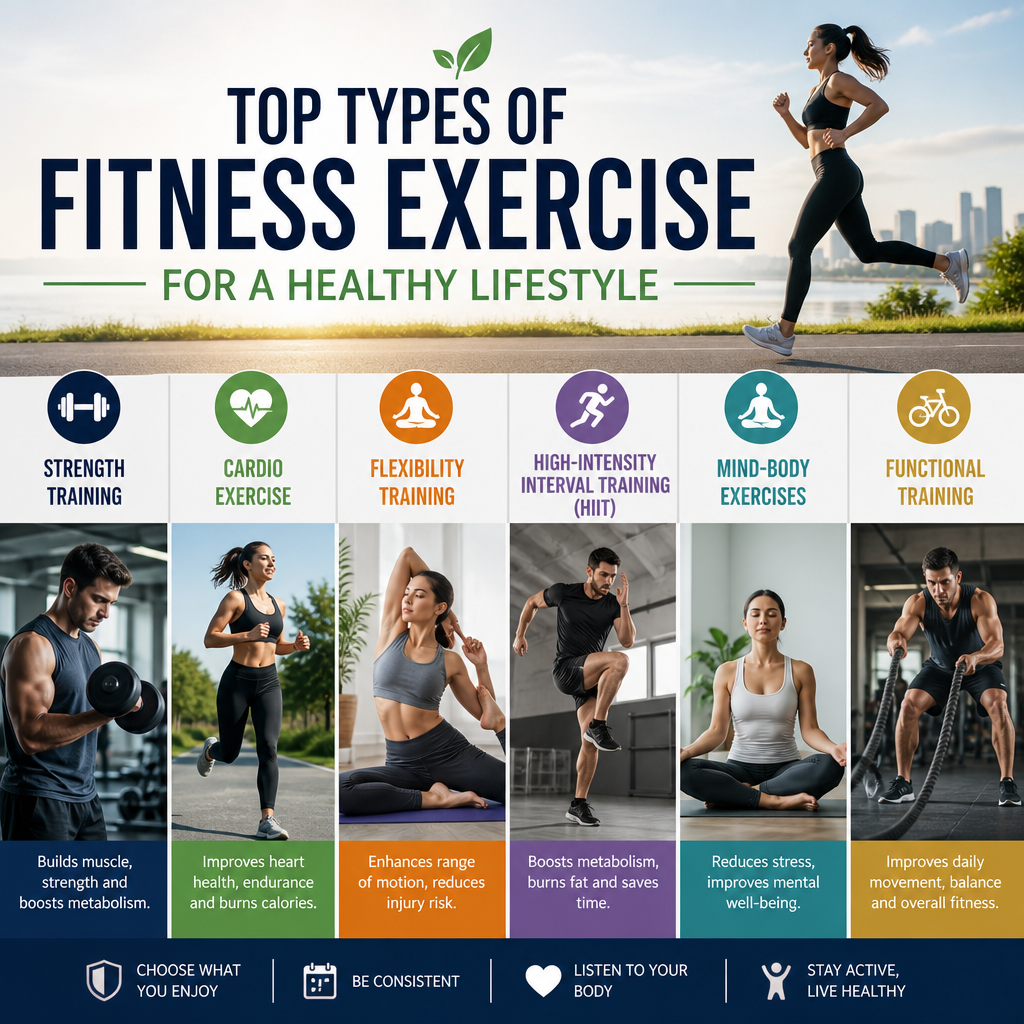Infographic showing top types of fitness exercise like strength, cardio, flexibility, HIIT, mind-body, and functional trainin
