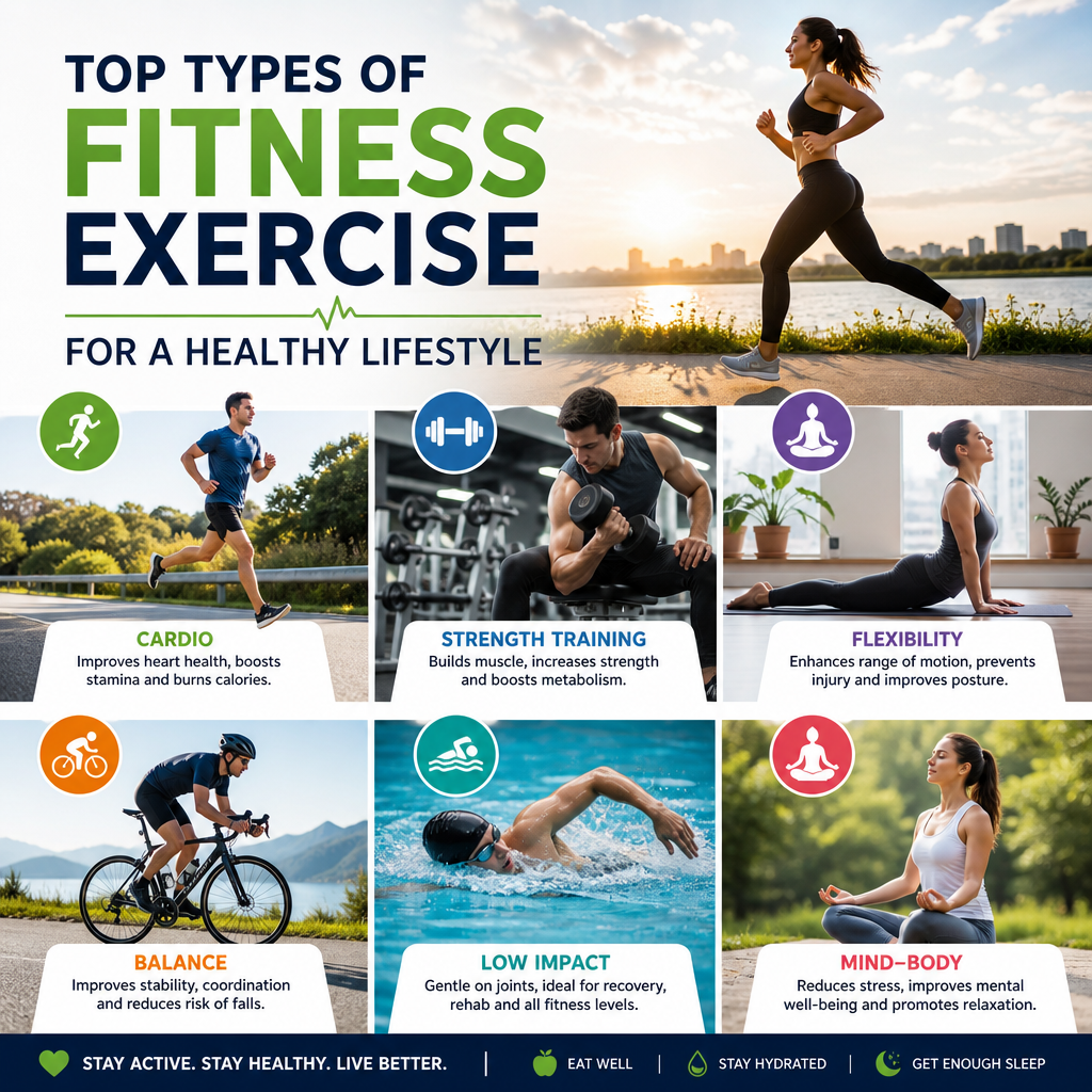 Infographic of top types of fitness exercises: cardio, strength, flexibility, balance, low impact, and mind-body for health.